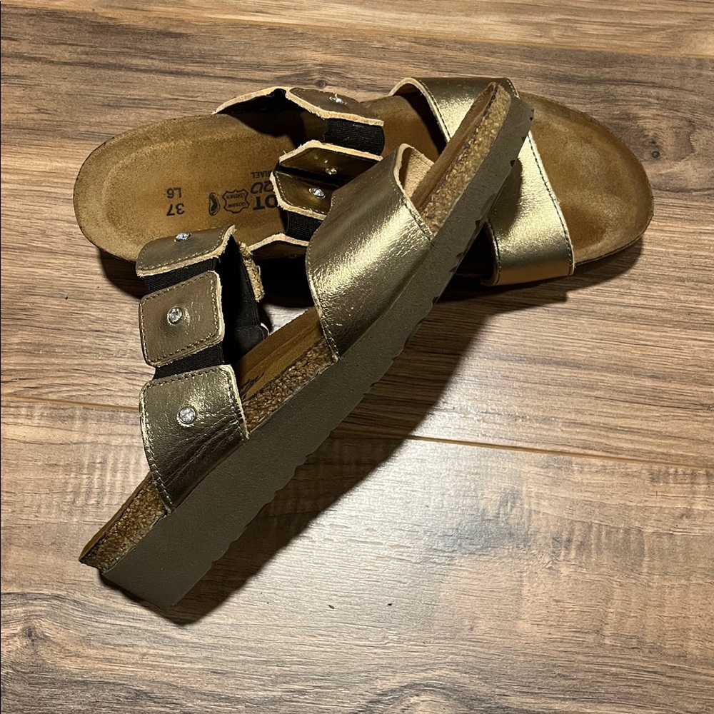 Naot Gold Leather Sandals with rhinestones